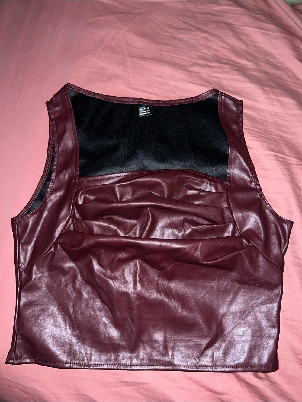 Amazon Burgundy Faux Leather Crop Top with Black Mesh Panel